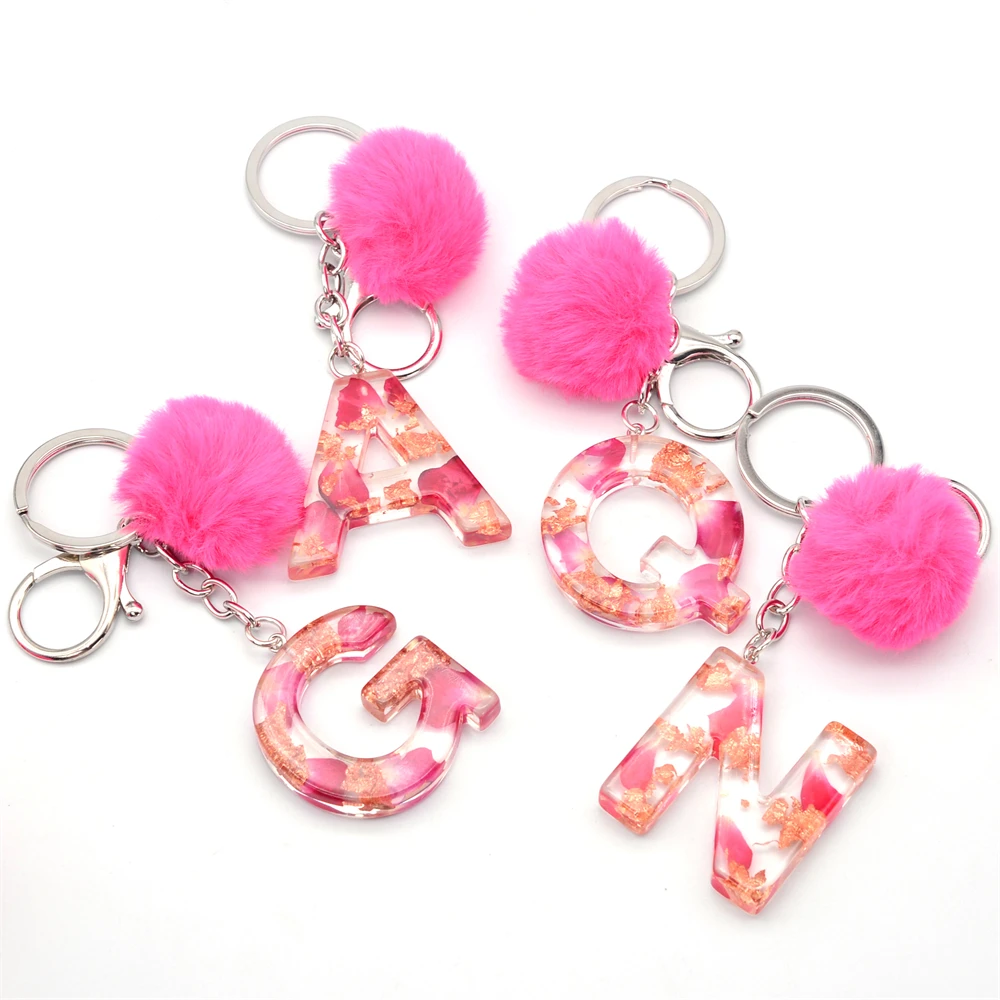 

New 26 Letter Pendant Filling Sequins Resin Keyring With Pink Fur Ball Keychains Trendy Key Holder Bag Ornaments Accessories