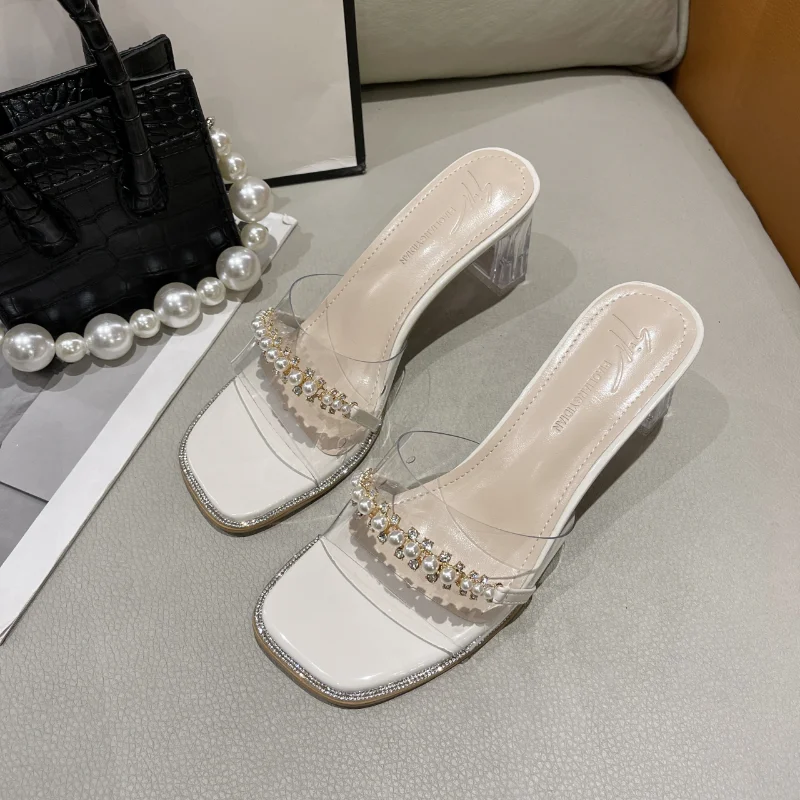 

2023 Women Slippers Sandals Thick Bottom 1 Word Drag Crystal with Women's Shoes Fashion High Female Sandals Zapatos De Mujer