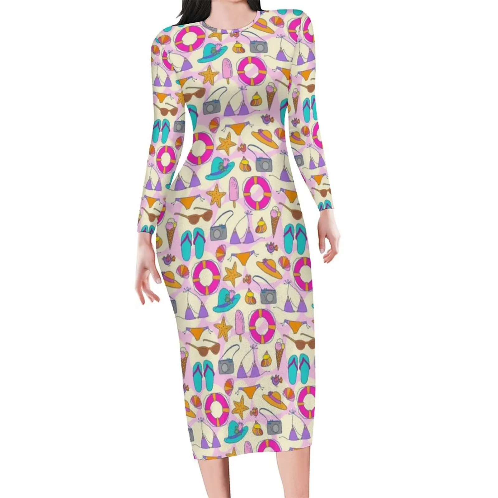 

Vacation Always Summer Dress Long Sleeve Cartoon Holiday Aesthetic Dresses Night Club Bodycon Dress Graphic Big Size Vestido