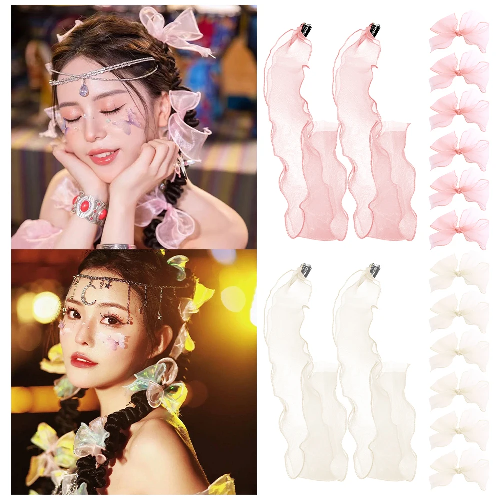 

8PCS/SET Sweet Hairclips Mesh Hairband Female Super Fairy Braided Hair Bow Hairpin Korean Streamer Headdress Hair Accessories