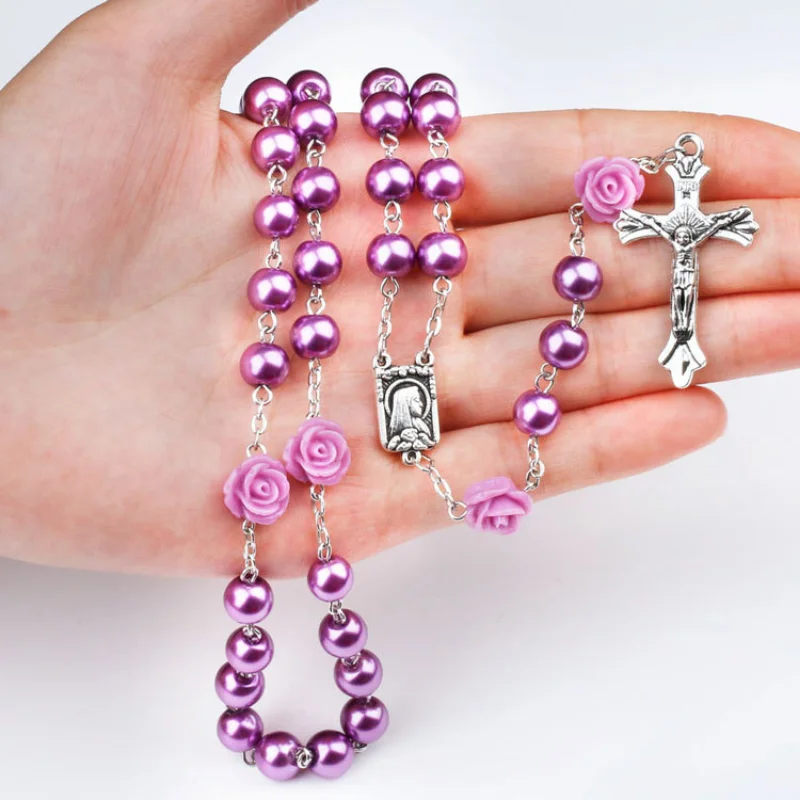 

12pcs 8mm Religion Rosary Rose Necklace for Women Christian Virgin Mary Jesus Cross Pendant Long Beads Fashion Jewelry Gift