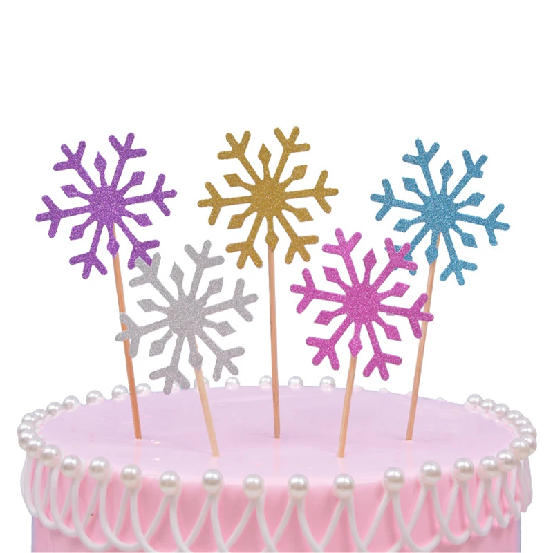 

50Pcs Snowflake Cake Topper Girls Christmas Birthday Cupcake Baby Shower Wedding Party Glitter Baking Mousse Decor Accessories