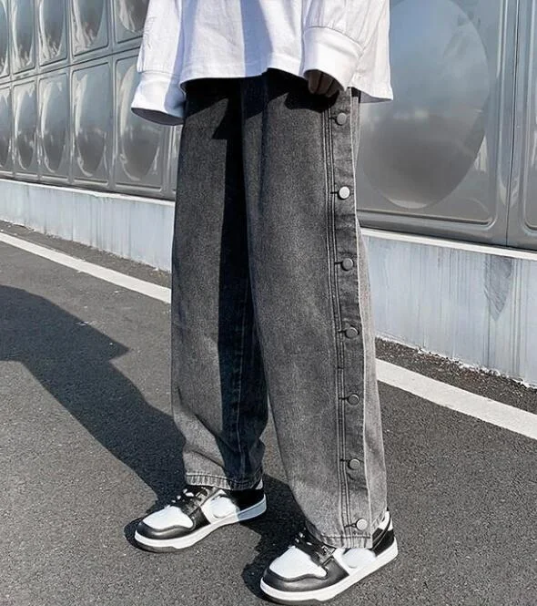 Men's Jeans Leg Button Slit Jeans Men's Loose Straight High Street  Jeans Retro Daddy Pants