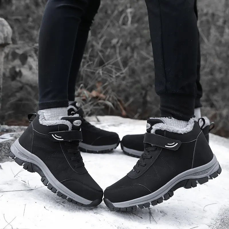 Men Boots Winter Women Boots Plush Leather Waterproof Sneakers Outdoor Warm Boots Unisex Climbing Shoes Lace-up Hiking Boots Man
