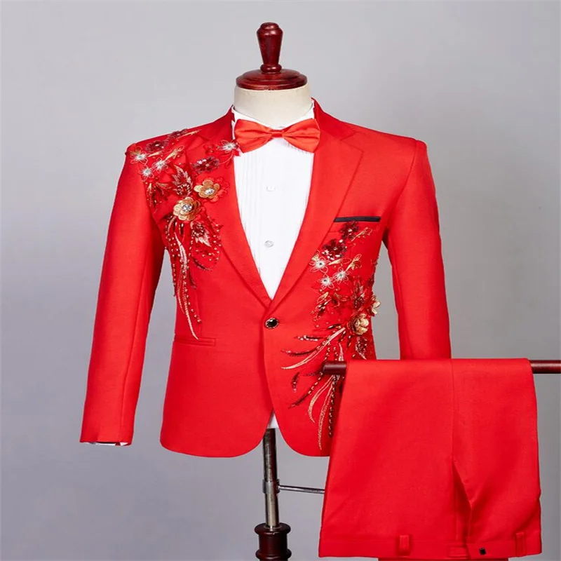 

Sequin Wedding Suits Men Blazer Boys Prom Mariage Fashion Slim Masculino Latest Coat Pant Designs Chorus Groom Clothes Red