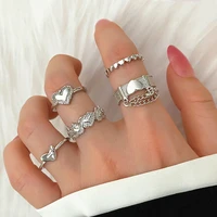 aliutom korea punk love heart ring set 5pcs temperament zircon silver color geometric rings for women fashion goth jewelry