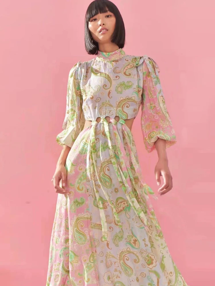 

High Quality Women's 2022 Spring New Sexy Hollow Out Long Sleeves Fashion Elegant Designer Casual Party Vacation Print Dress