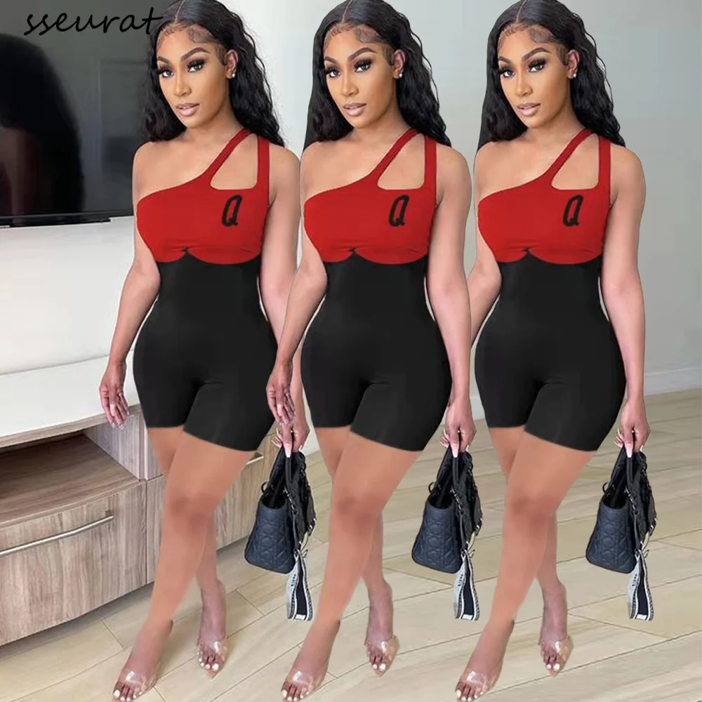 

SSEURAT 2022 summer Incline Shoulder Women Jumpsuits Patchwork One Piece Rompers Womens Playsuit Shorts Sports Women Clothing