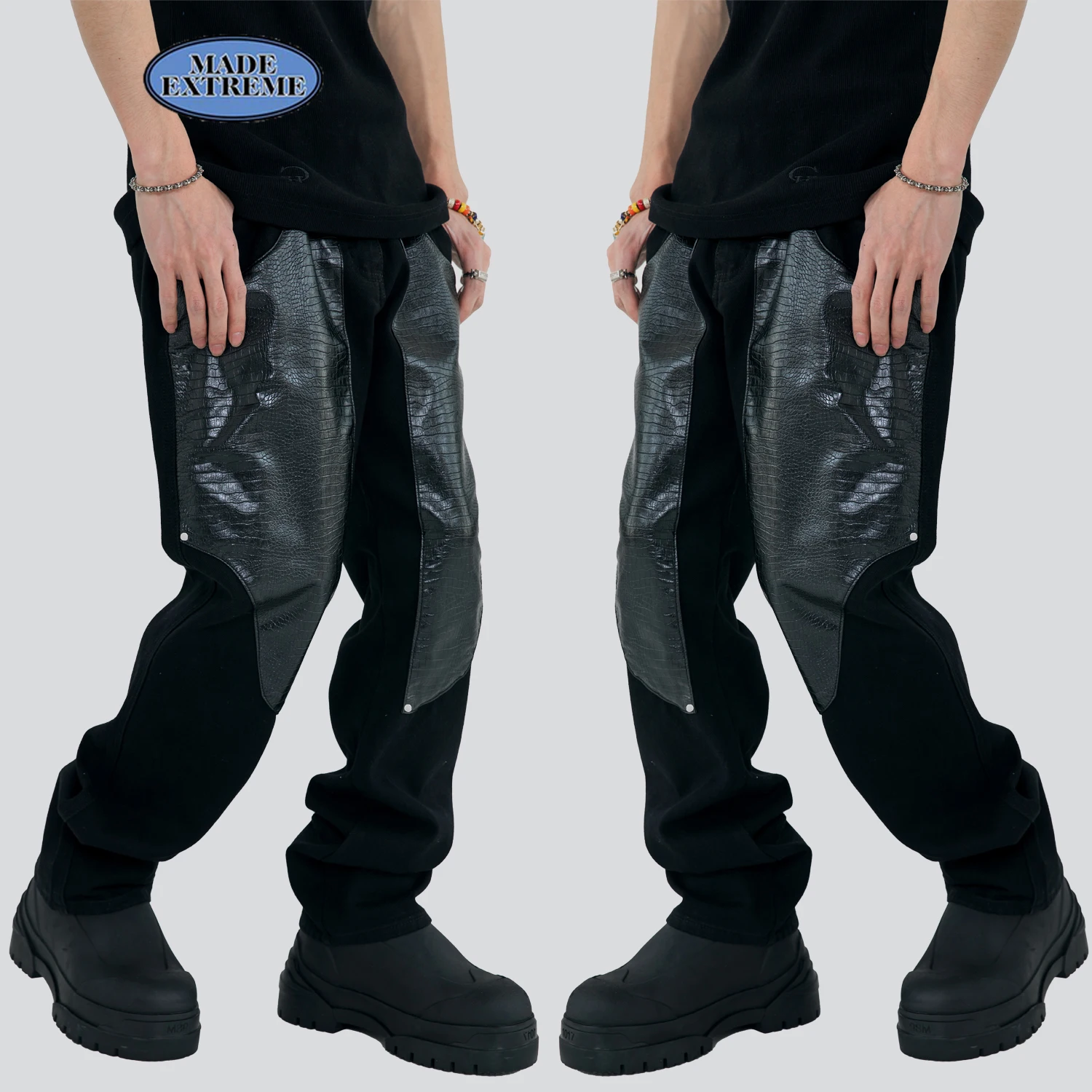 

Брюки-карго мужские кожаные составного кроя, в стиле хип-хоп