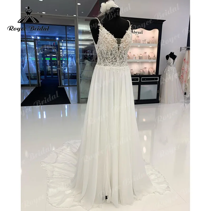 

Пляжное кружевное платье с V-образным вырезом, шифоновое свадебное платье на тонких бретельках, со шлейфом, трапециевидный силуэт, модель 2023 года, свадебное платье в стиле бохо