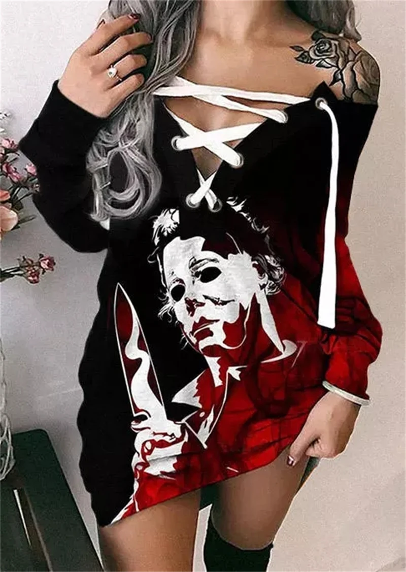 

Halloween Horror Movie Lace Up Sweatshirt Dress Casual Dresses V-Neck Christmas Day Dress Long Sleeve Mini Dress For Women