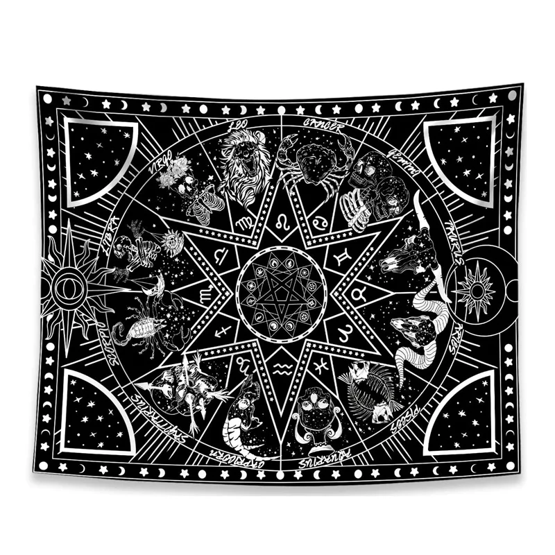 

12 Constellation Tapestry Stars Sun Tarot Tapestry Black and White Hippie Celestial Bohemian Home Decor (180X230cm)