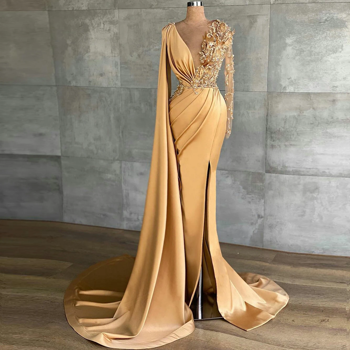 

Luxury Elegant Mermaid Prom Dresses Long Sleeves Appliques High Split Women Formal Evening Party Night Gowns Plus Size Custom