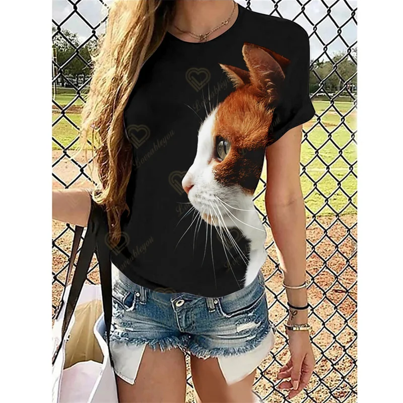 

O Neck Tshirt Kawaii Cat Print Women's Summer Casual Shirt Tops Loose Vintage Female Tee Streetwear Y2K Short Sleeve Clothes
