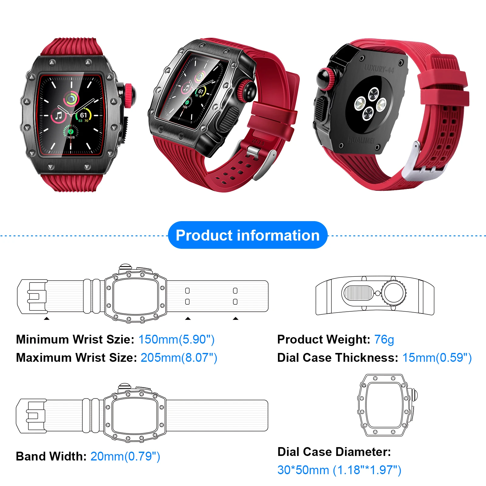 Slicone Strap+Metal Case For Apple Watch 45mm 44mm Stainless Steel Refit Protective Shell One-piece Strap iWatch 8 7 6 5 4 SE