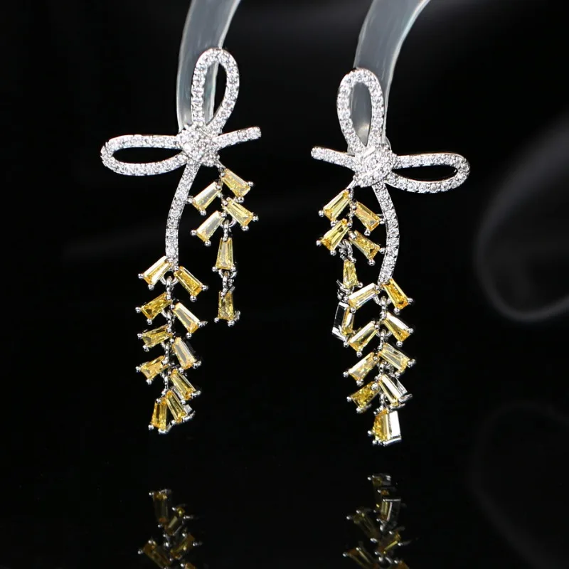 

Pink Yellow Zircon Crystal Leaf Bowknot Tassel Earrings for Women Square Shape Stone S925 Needle Fashion Party Wedding Earring