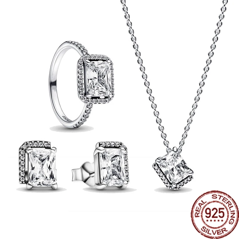

Women's Jewelry 925 Sterling Silver Rectangle Shiny Halo Necklace Ring Earring Set Exquisite Charm Fashion Jewelry Gift