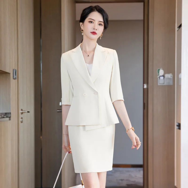 

Summer Apricot Blazer Women Business Suits Skirt and Jacket Sets Half Sleeve Ladies Work Wear Office Uniform Styles OL