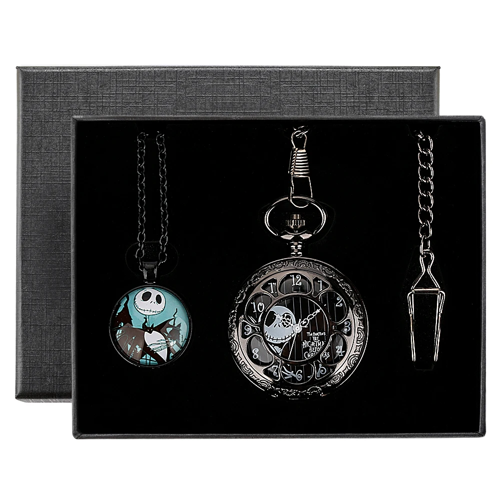 Pocket Watch Sets for Men Black Hollow Cover Skull Movie Cosplay Gift Set for Men Women Quartz Pocket Watch Necklace Pendant