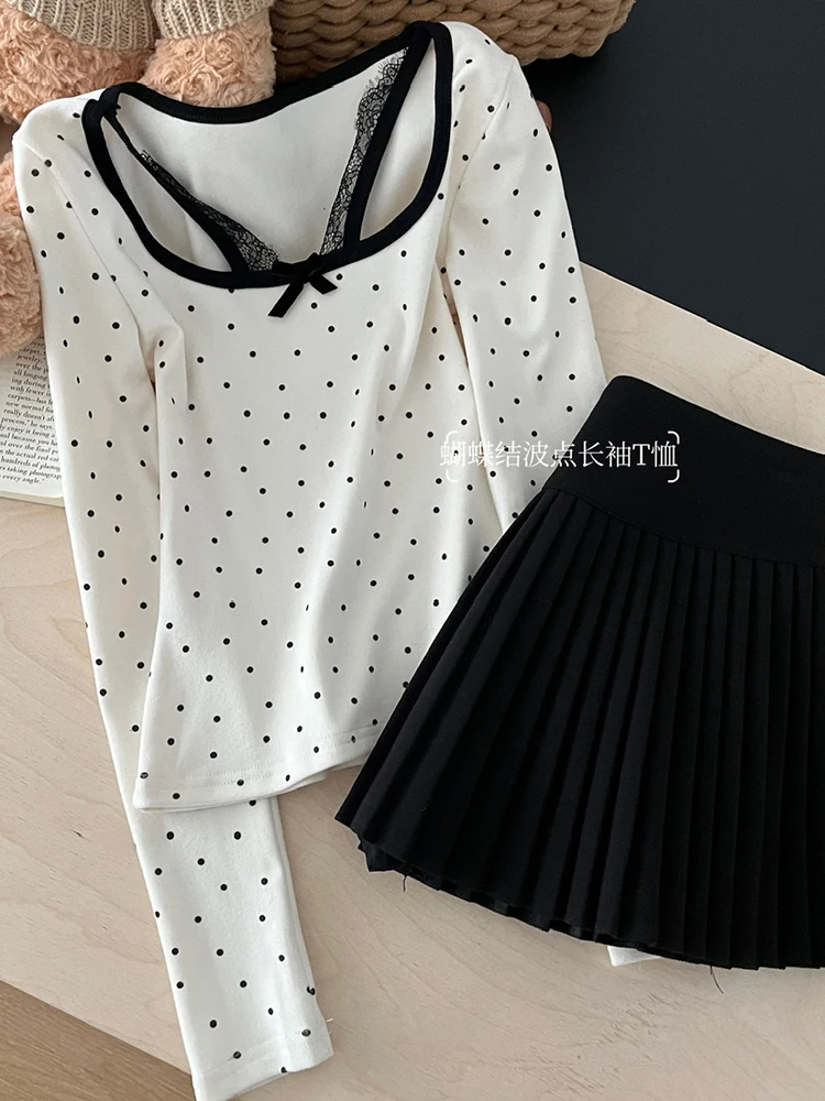 Весна 2025 года женский корейский кружевной укороченный топ в горошек эстетичная