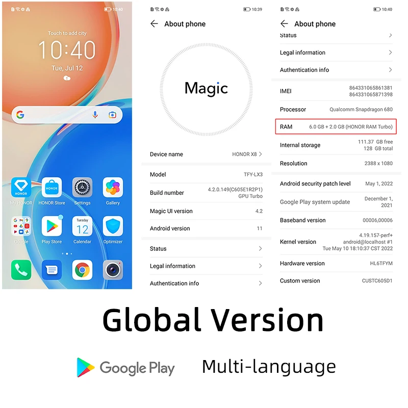 Смартфон HONOR X8 с глобальной прошивкой 6 ГБ 128 экран 7 дюйма тонкий корпус 45 мм Snapdragon