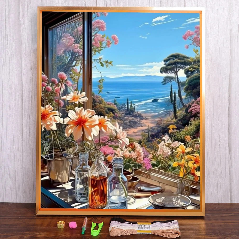 Kwiaty i pejzaż morski Zestawy do haftu krzyżykowego nad morzem Niezadrukowane wzory na płótnie DIY Rękodzieło Wystrój domu