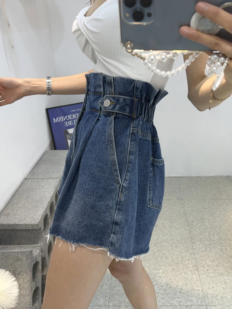 DFRCAEG 2023 Summer Denim Shorts For Women High Waist Stretch Blue Or Black Raw Edge Jeans Short With Pockets Wide Leg Pants