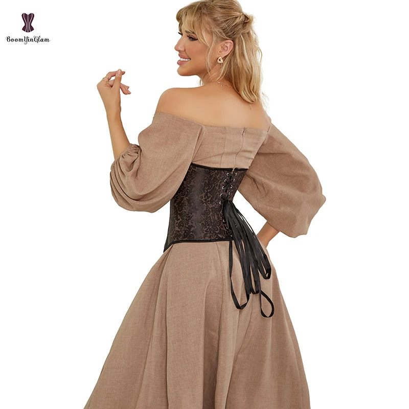 Front 36CM Back 22CM Womens Halloween Costume Steampunk Clothing Dark Brown Jacquard Brocade Bustier Corset Plus Size