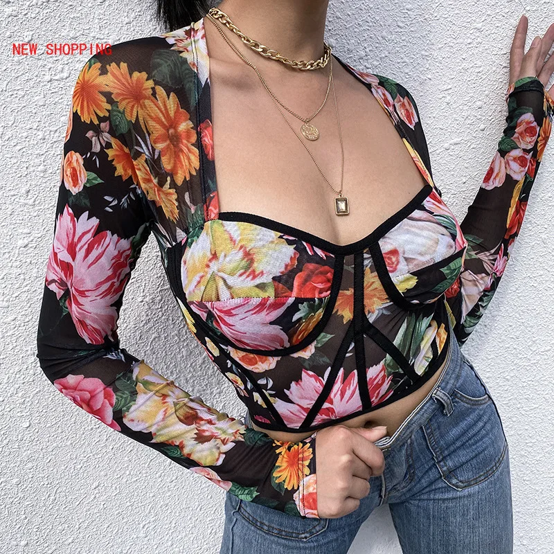 

Fashon Vintage Square Collar Tops Rose Print Transparent Sexy Women Long Sleeve T Shirt Office Lady Bodycon Tees 2021 Summer New