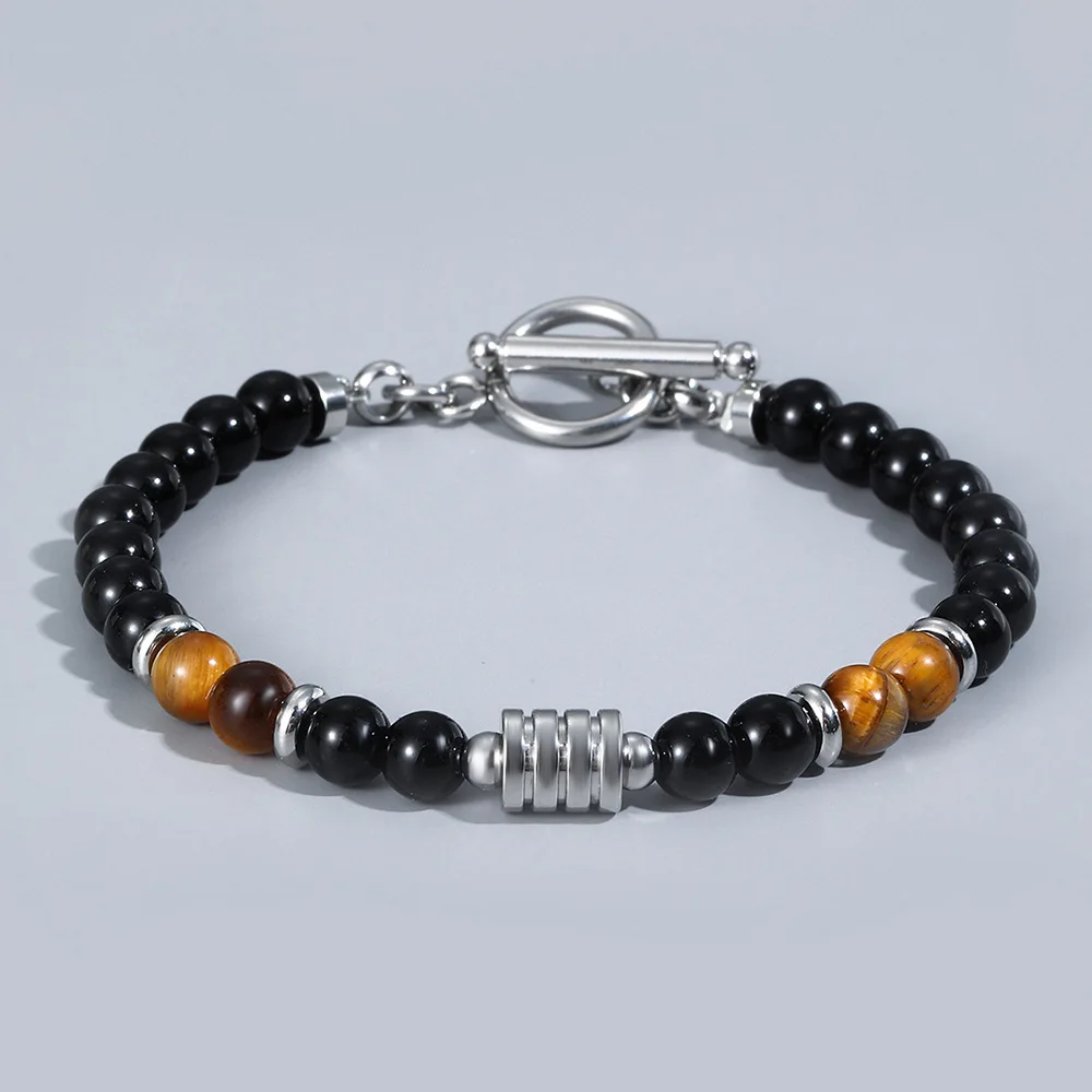 

2022 Trendy Vintage Stainless Steel OT Clasp Tiger Eye Bracelet for Men Hip Hot Strand Stone Beaded Bracelet Men Jewelry LYC-01