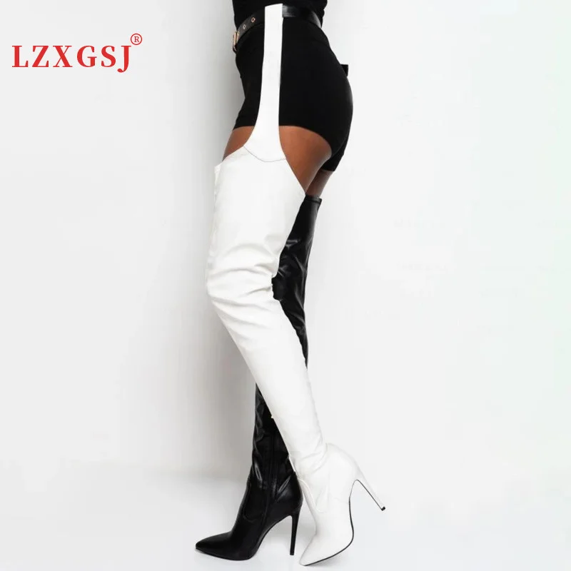 2021 Winter Women's High Knee Boots Leather Quality Shoes Sexy Stiletto Heel Belt Buckles Large Size Thigh High Boots Female