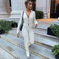 button ribbed knitted jumpsuit two piece set fall winter clothes sexy white long sleeve bodycon jumpsuits jumpsuit women