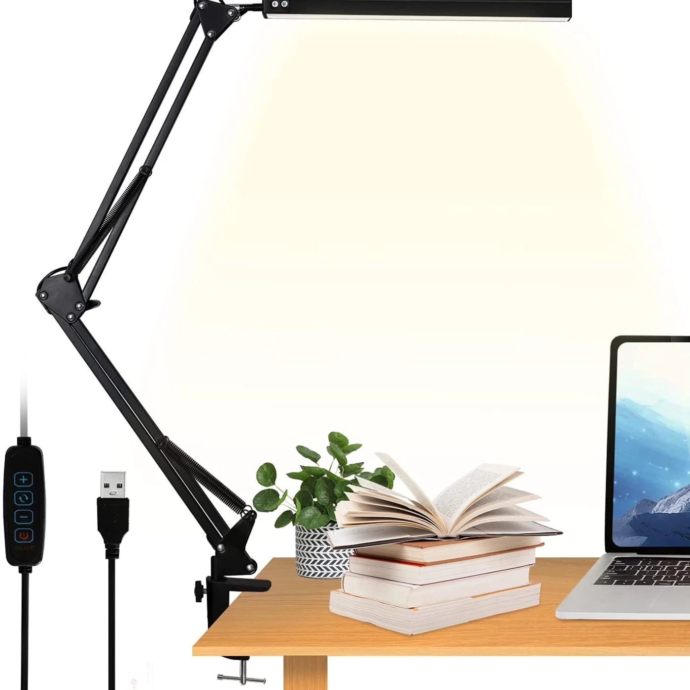 

LED Desk Lamp with Clamp, Eye-Care Dimmable Reading Light, 3 Color Modes Swing Arm Lamp, USB Clip-on Table Lamp, Daylight Lamp