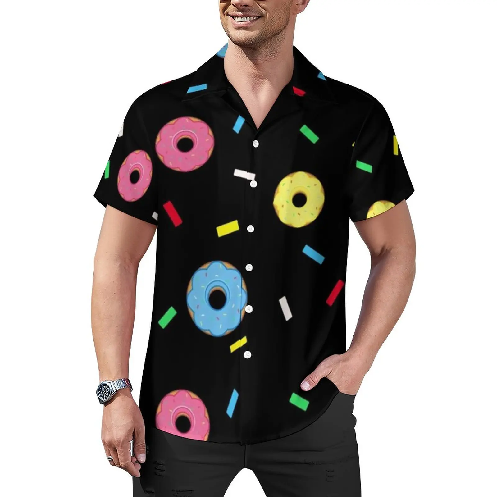 

Повседневная рубашка с принтом пончиков, милая Свободная рубашка для отпуска с принтом еды, Гавайские винтажные блузки, Одежда большого размера с коротким рукавом и графическим принтом