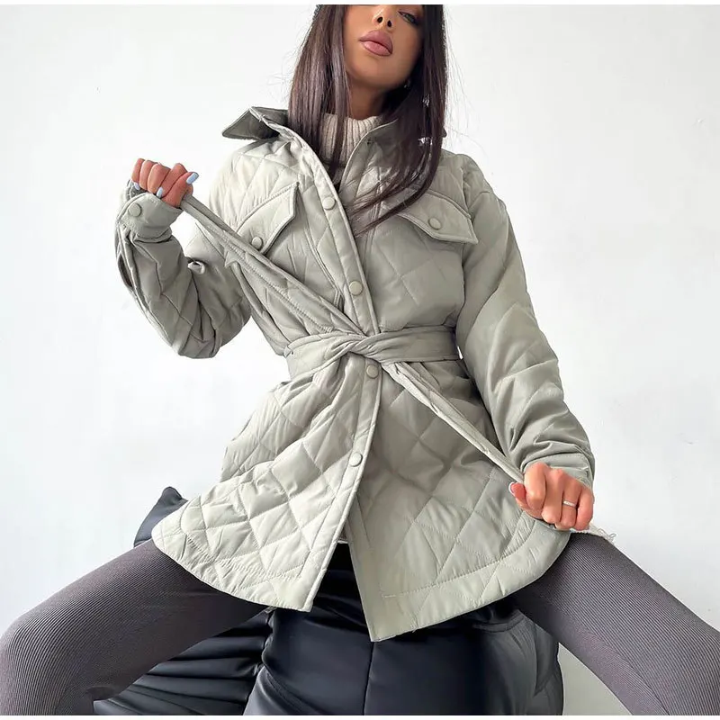 Jacket Woman Winter 2023 Lapel Belt Oversize Demi-season Parka New In Outerwear Spring Fluffy Shirts and Blouses Quilted Padded