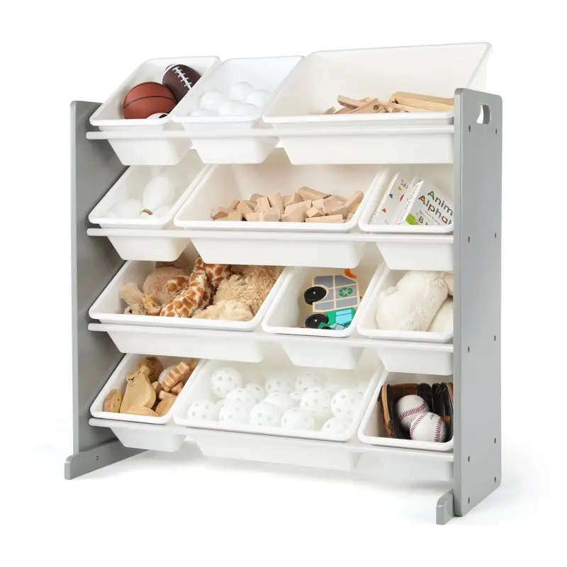 

Wood and Plastic Organizing Rack with 12 Bins, Gray and White