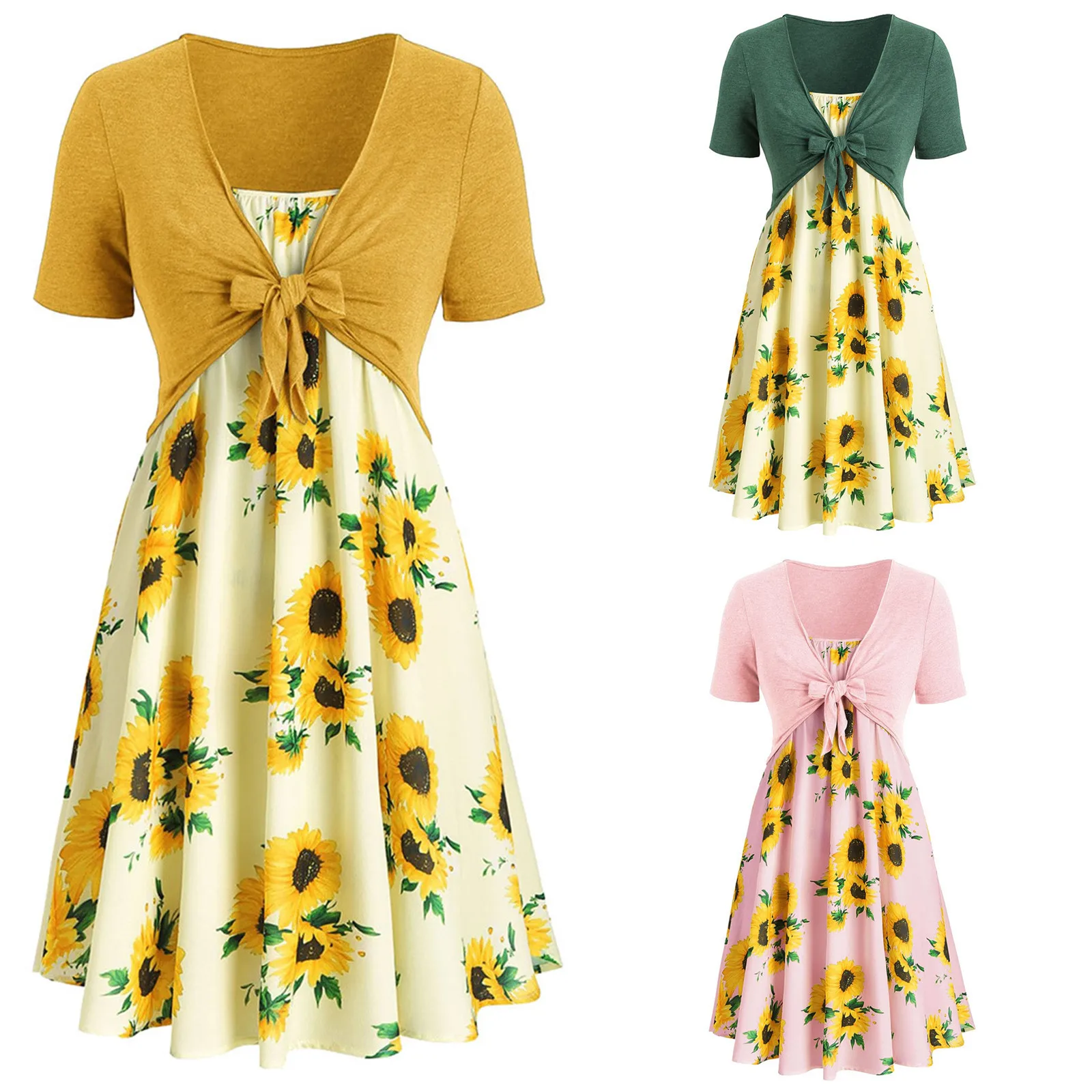 

Женская юбка с принтом подсолнуха, с бантом, с коротким рукавом, женское Бандажное платье с бантом, летние платья для женщин, пляжные