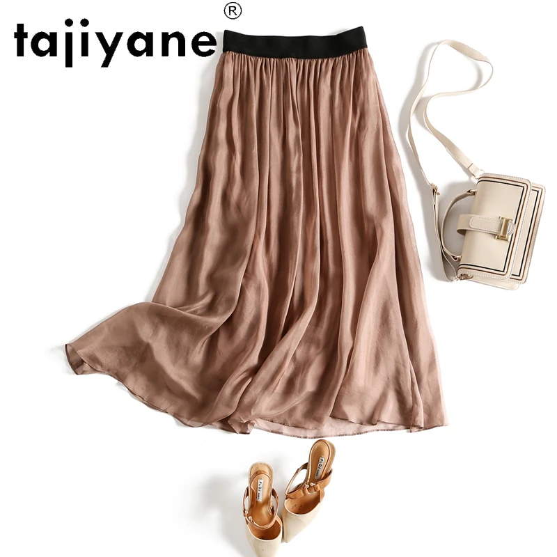 Tajiyane Black Skirt Women Silk High-waisted Mid-length A-line Fairy Skirt Holiday Leisure Flowy Silk Mulberry Silk Skirt FCY113