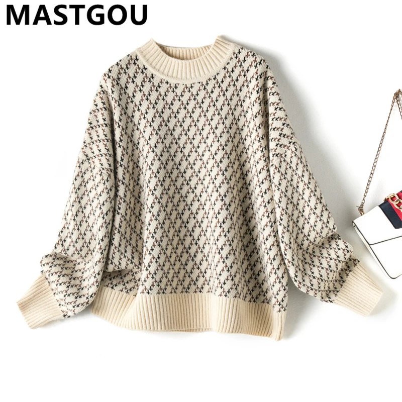 

MASTGOU Oversized Luxury Cashmere Women Pullover Sweater Thick Warm Knitted Jumper Top Winter Houndstooth Wool Liades Sweater