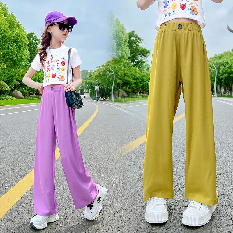 

Новые модные широкие брюки для девочек-подростков, детские летние тонкие брюки, повседневные Прямые брюки для детей 4, 6, 8