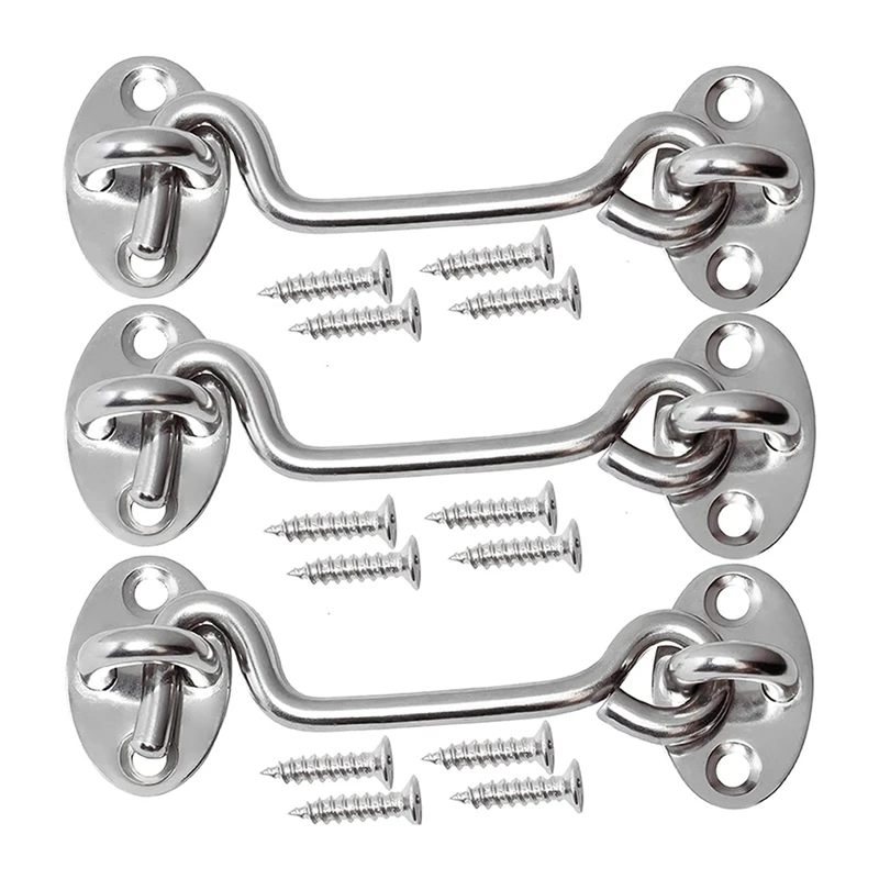 3Pcs Barn Door Latch Lock Hardware 4-Inch Sliding Eye Hook With Screws Stainless Steel Gate