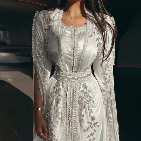 Luxury Dubai Moroccan Kaftan Ivory Evening Dresses for Women Wedding Party Elegant Long Sleeve Muslim Arabic Formal Dress SS439