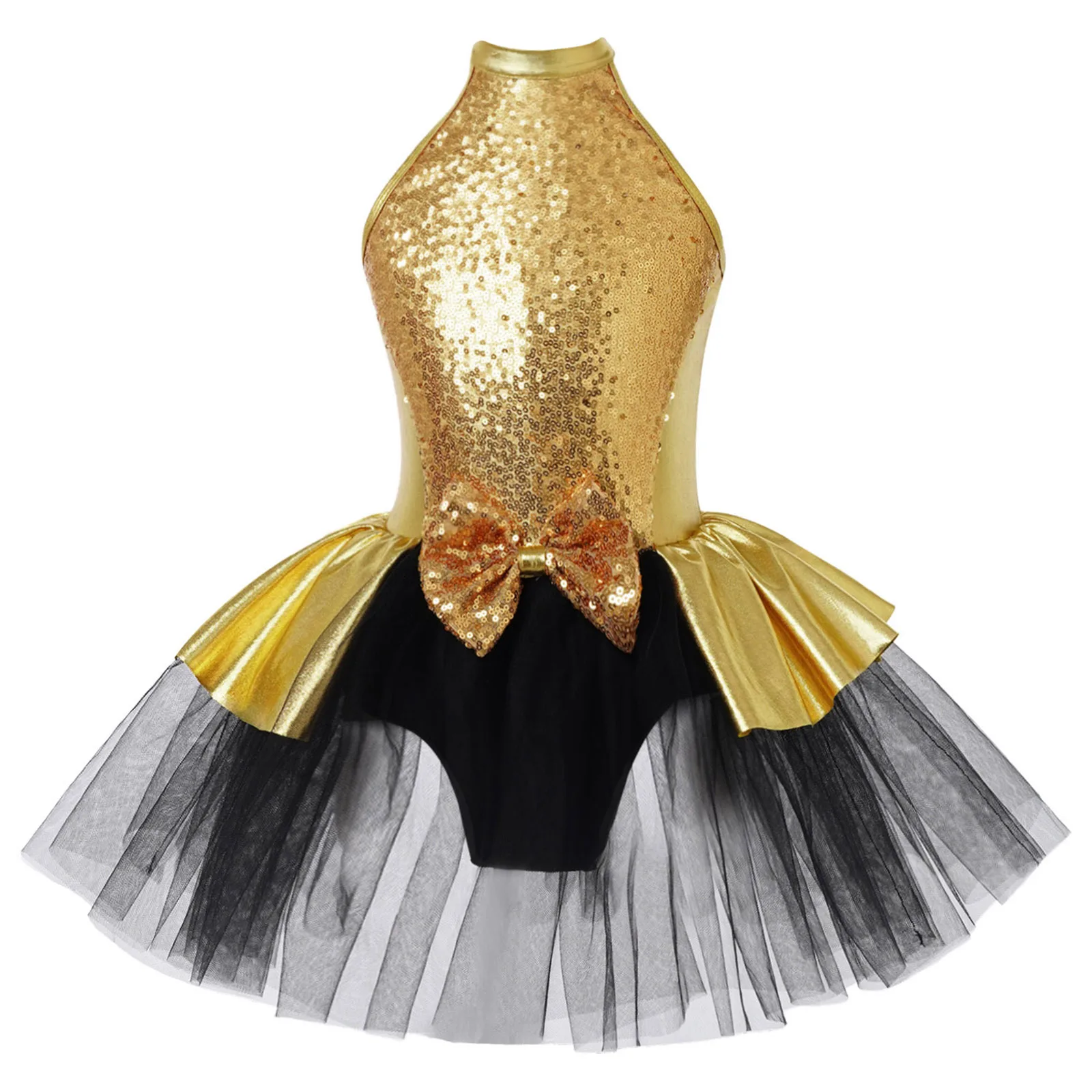 

Kids Girl Stylish Tutu Mesh Dance Dress Sleeveless Sparkling Sequins Bowknot Decorated Straps Hollow Back Dresses for Party Wear