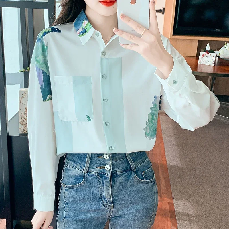 Женская шифоновая блузка с длинным рукавом Свободный Топ отложным воротником и