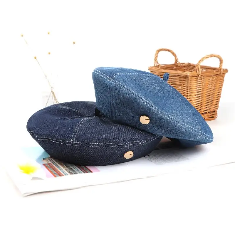 Женские Хлопковые Джинсовые Однотонные Береты Синего Цвета С Треугольными