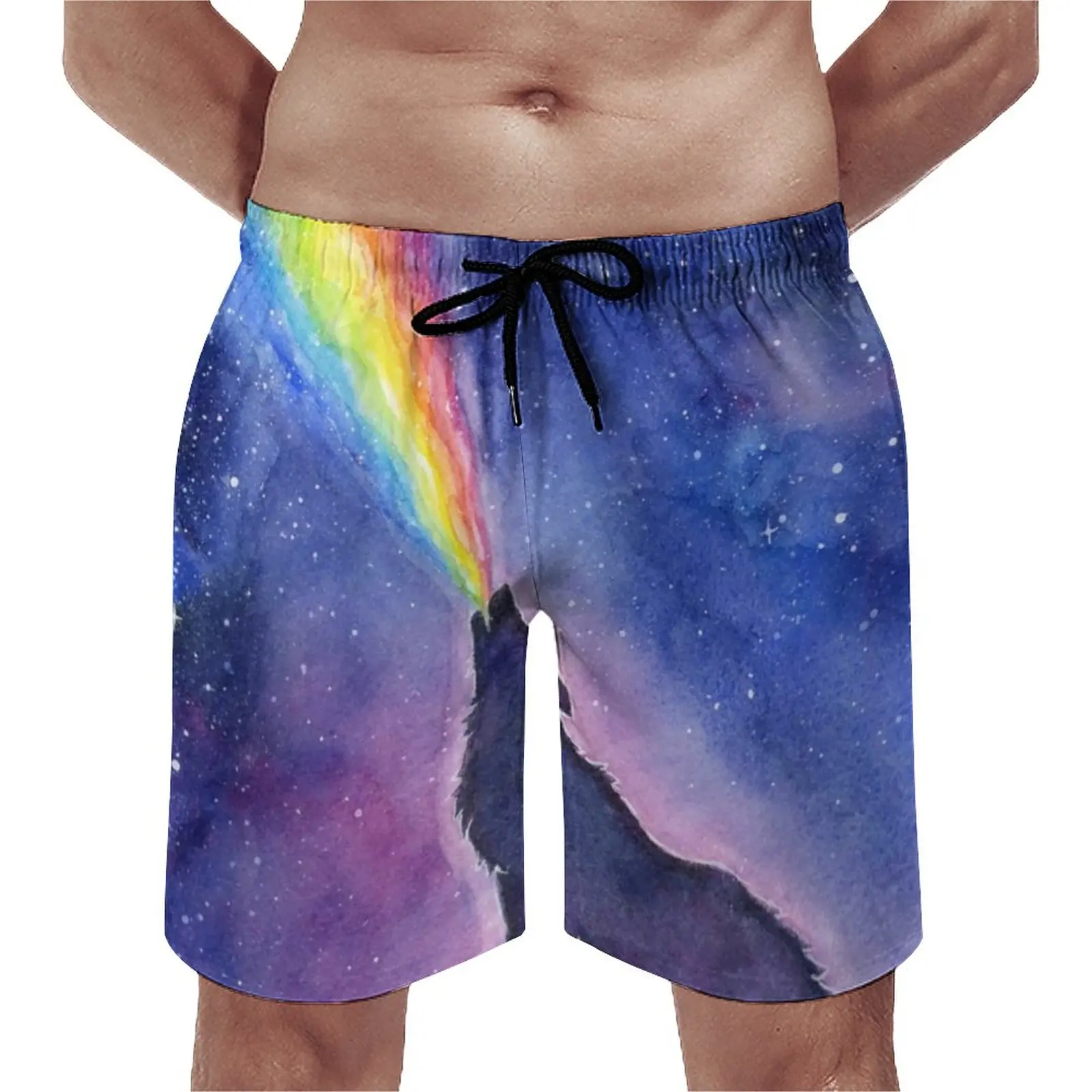 

Funny Wolf Board Shorts Men Rainbow in Space Beach Shorts Quality Trenky Board Pants Large Size