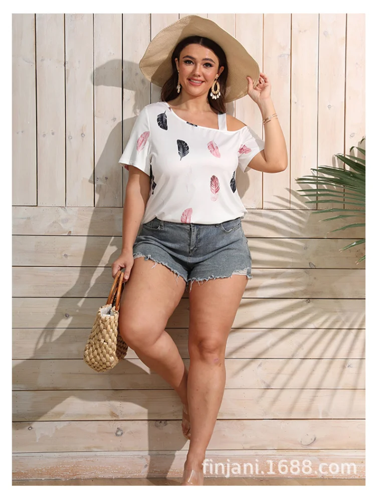 Oversized women's comfortable cross-neck, off-the-shoulder slim T-shirt plus size clothing  plus size tops