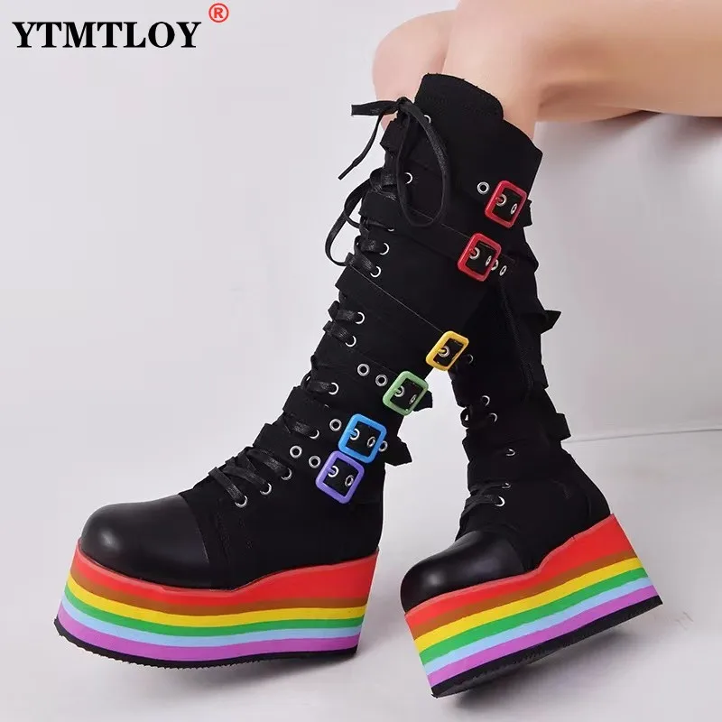 

2022 Autumn Winter Sale Punk Halloween Witch Cosplay Platform High Wedges Heels Black Gothic Calf Boots Women Shoes Big Size 43