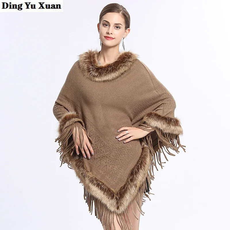 

Женская осенне-зимняя искусственная кожа, красный, хаки, Женская свободная теплая шаль с бахромой, искусственный трикотажный пуловер, накидка, пальто