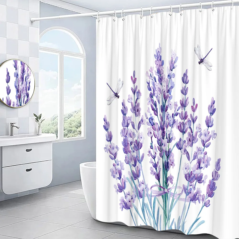 

Занавеска для душа с лавандовым цветком и Противоскользящий коврик для ванной, напольный коврик, фиолетовая Акварельная растительная ткань, декор для ванной комнаты, занавеска для ванной